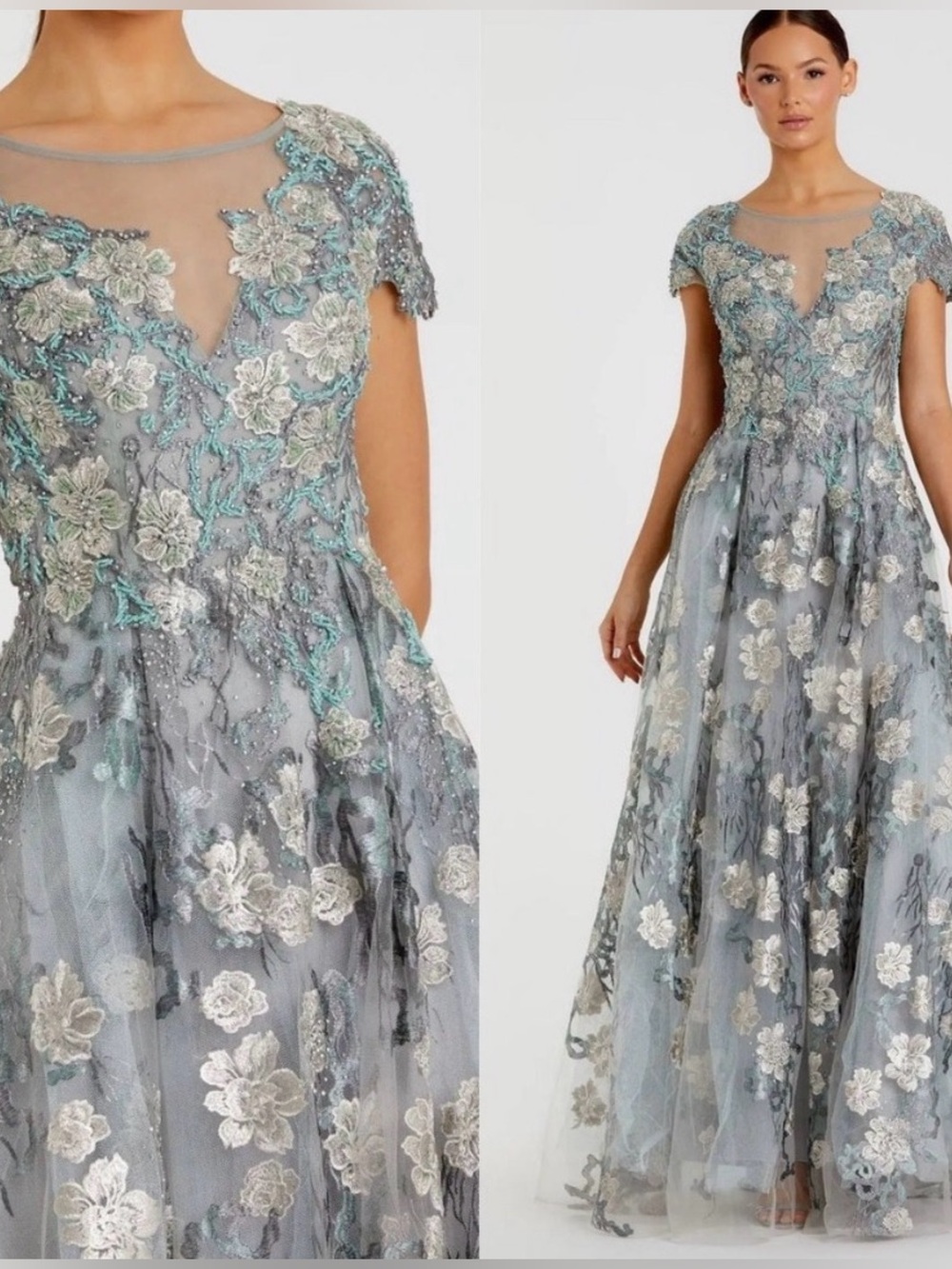 Mac Duggal Steel Blue and Silver Floral Embroidered Maxi Gown - Picture 3 of 14